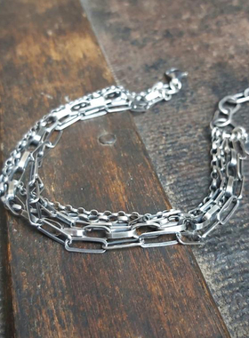 中性纯银复古多层叠戴银链手链