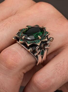 复古绿宝石纯银星星戒指