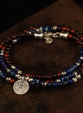 青金石天然宝石串珠手链氧化纯银