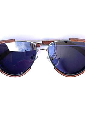 飞行员蓝黑色镜桃花心木太阳眼镜