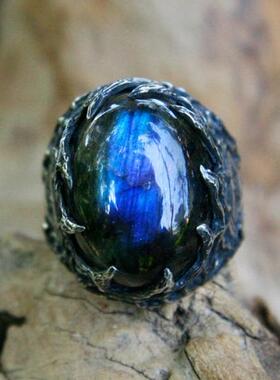 天然拉长石宝石狮子动物图章戒指