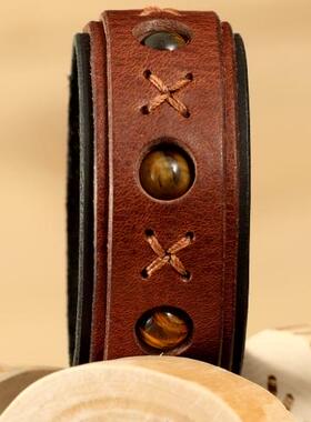 虎眼珠旋转棕色皮革厚实腕带手镯