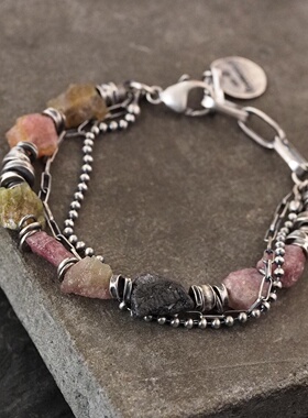 波兰代购Natural◇手作复古原始天然碧玺宝石纯银叠戴分层手链