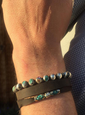 情侣纯银复古绿松石宝石镶嵌手链