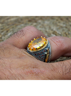 土耳其黄水晶纯银男士戒指