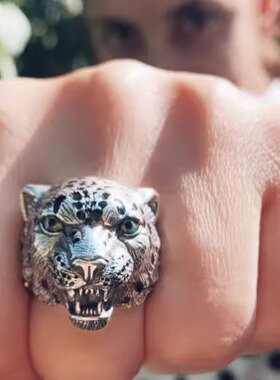 中性纯银雪豹绿色珐琅眼睛戒指