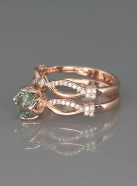 情侣14K玫瑰金绿蓝宝石钻石戒指