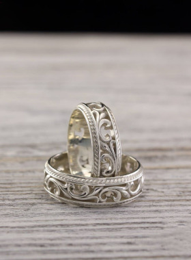 自然叶子纯银情侣结婚对戒戒指