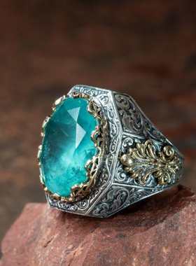 男纯银复古帕拉伊巴碧玺宝石戒指