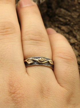 情侣纯银14K金枝叶树皮叶子戒指