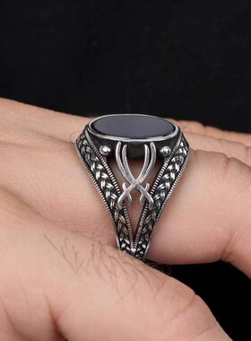 黑玛瑙男士纯银雕刻双刃剑戒指