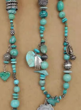 绿松石纯银串珠小鸟花朵吊坠项链