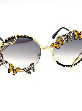 美国代购手作超大圆形蝴蝶太阳镜