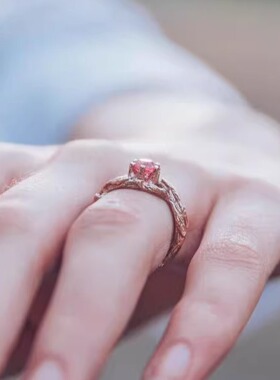 女14K玫瑰金复古粉红色碧玺戒指