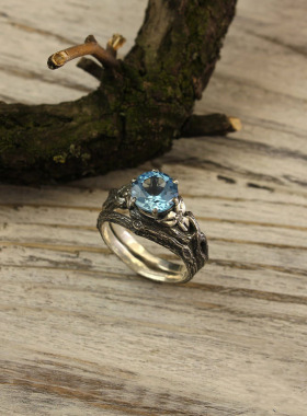 天然宝石镶嵌花朵树枝纯银戒指