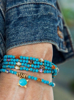 复古绿松石串珠多圈缠绕女士手链