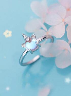 独角兽变色玻璃水晶镶嵌彩虹戒指