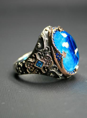 纯银复古蓝色锆石宝石镶嵌戒指