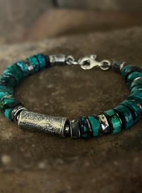 天然绿松石宝石银珠银管纯银手链