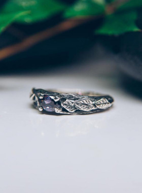 女纯银复古紫水晶镶嵌戒指叶子