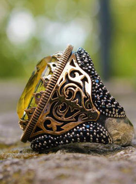 纯银复古黄色碧玺帕拉伊巴戒指