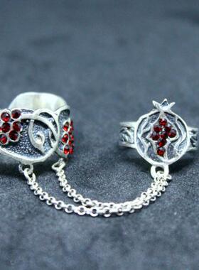 部落沙红色锆石链条雕刻纯银戒指