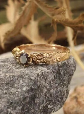 14K纯金复古天然烟熏石英戒指