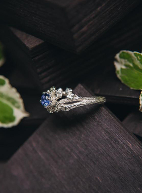 女纯银复古坦桑石蓝色宝石戒指