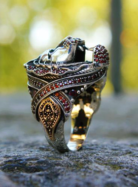 925纯银复古红色狮子头雕刻戒指