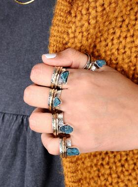 女士纯银波西米亚天然磷灰石戒指