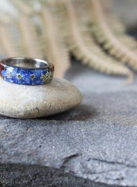 杜松勿忘我花天然树脂桦树皮戒指