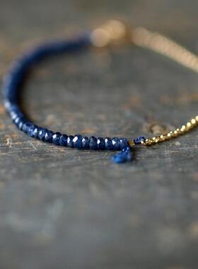 深蓝色宝石串珠4K金填充链手链