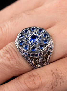 男士925纯银复古绿色锆石戒指