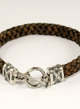 棕色皮革编织真皮氧化纯银手链