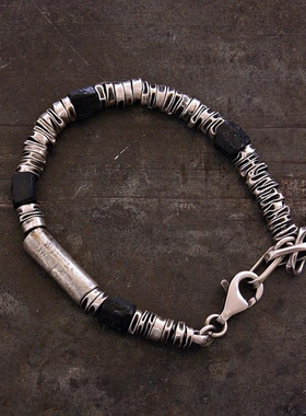 天然黑色碧玺纯银银珠男士手链
