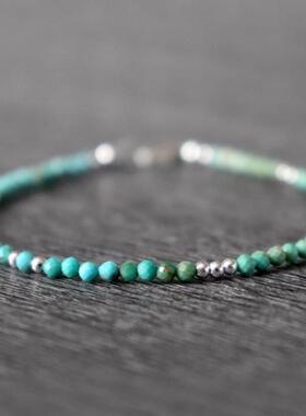 9K金纯银天然绿松石宝石串珠手链