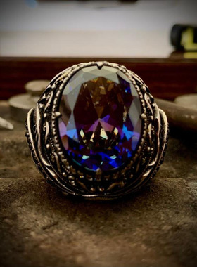 纯银复古托帕石水晶黑色锆石戒指