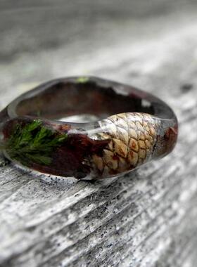 石南花松果松木树戒指