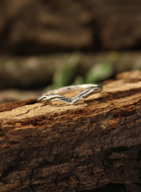 女士纯银自然树枝叶子V形戒指