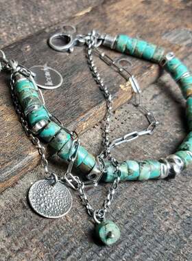 非洲绿松石串珠纯银手链叠戴复古