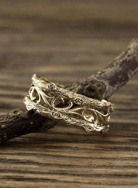 情侣14K纯金复古藤蔓叶花丝戒指