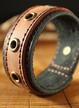 马皮缝制青铜孔眼装饰情侣手镯