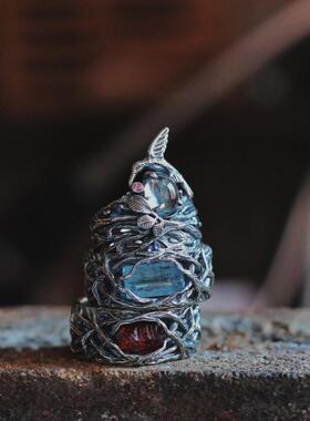 氧化纯银雕刻树枝海蓝宝石戒指