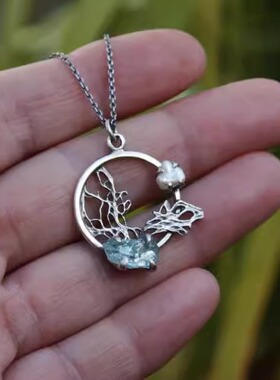 手作海蓝宝珍珠纯银树叶项链