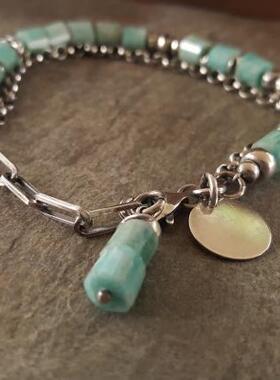 纯银水绿色天河石宝石手链叠戴