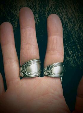 复古银虎百合花古董汤匙纯银戒指