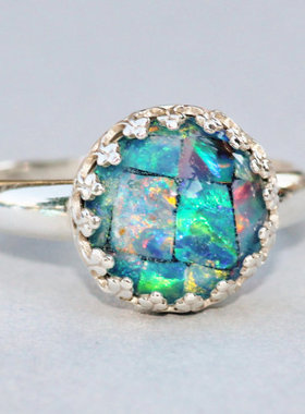 手作限量彩虹蛋白石纯银戒指