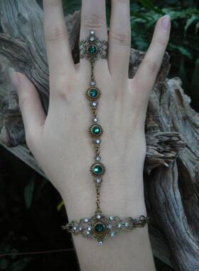 月亮女神翡翠绿连指戒指黄铜手链