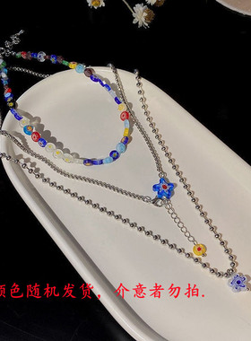 千禧年彩虹琉璃花叠戴项链饰品女 个性多巴胺百搭项圈嘻哈锁骨链