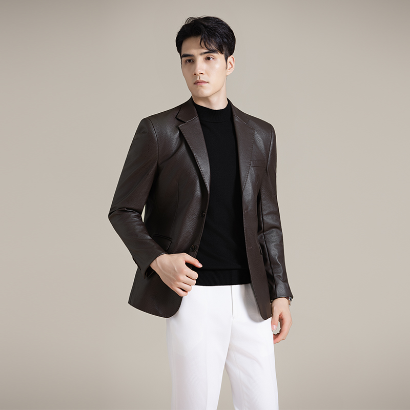 25秋季皮西装韩版修身皮衣外套商务休闲翻领夹克时尚简约男装上衣 - 图3